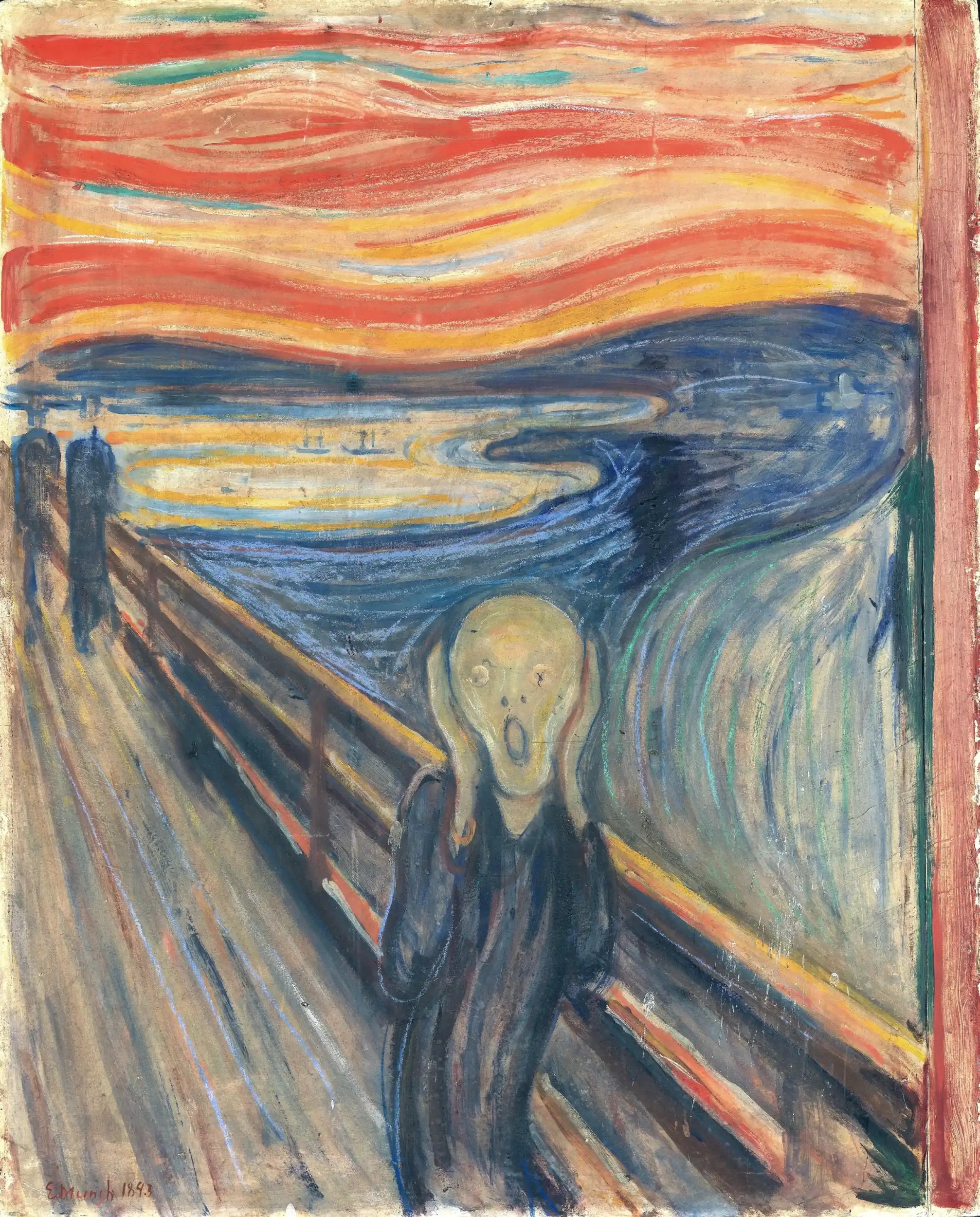 Expressionistische schilderkunst van een schreeuwend figuur.