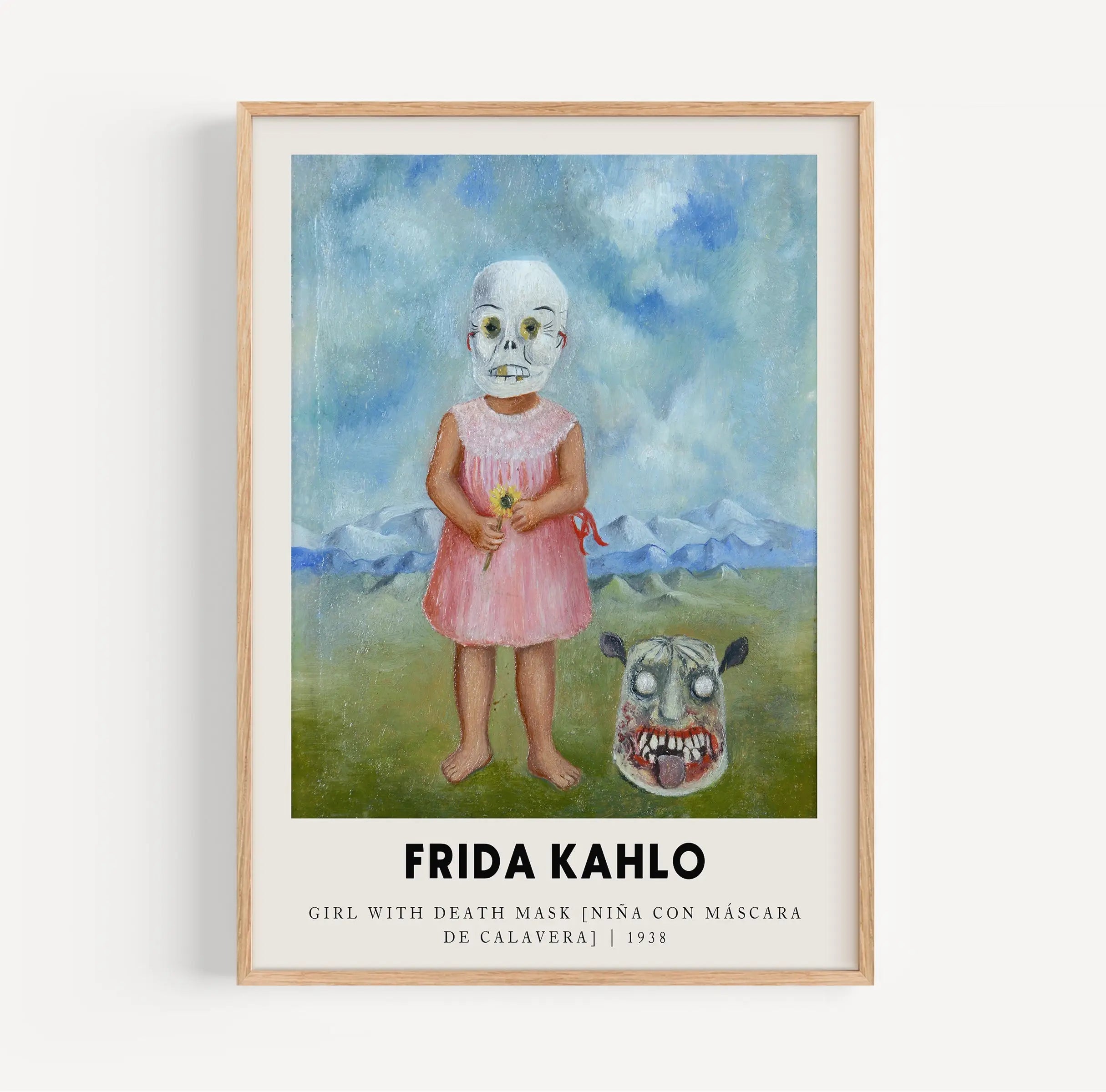 Gekaderde Frida Kahlo poster met zelfportret en doodsgezicht, kunstdecoratie