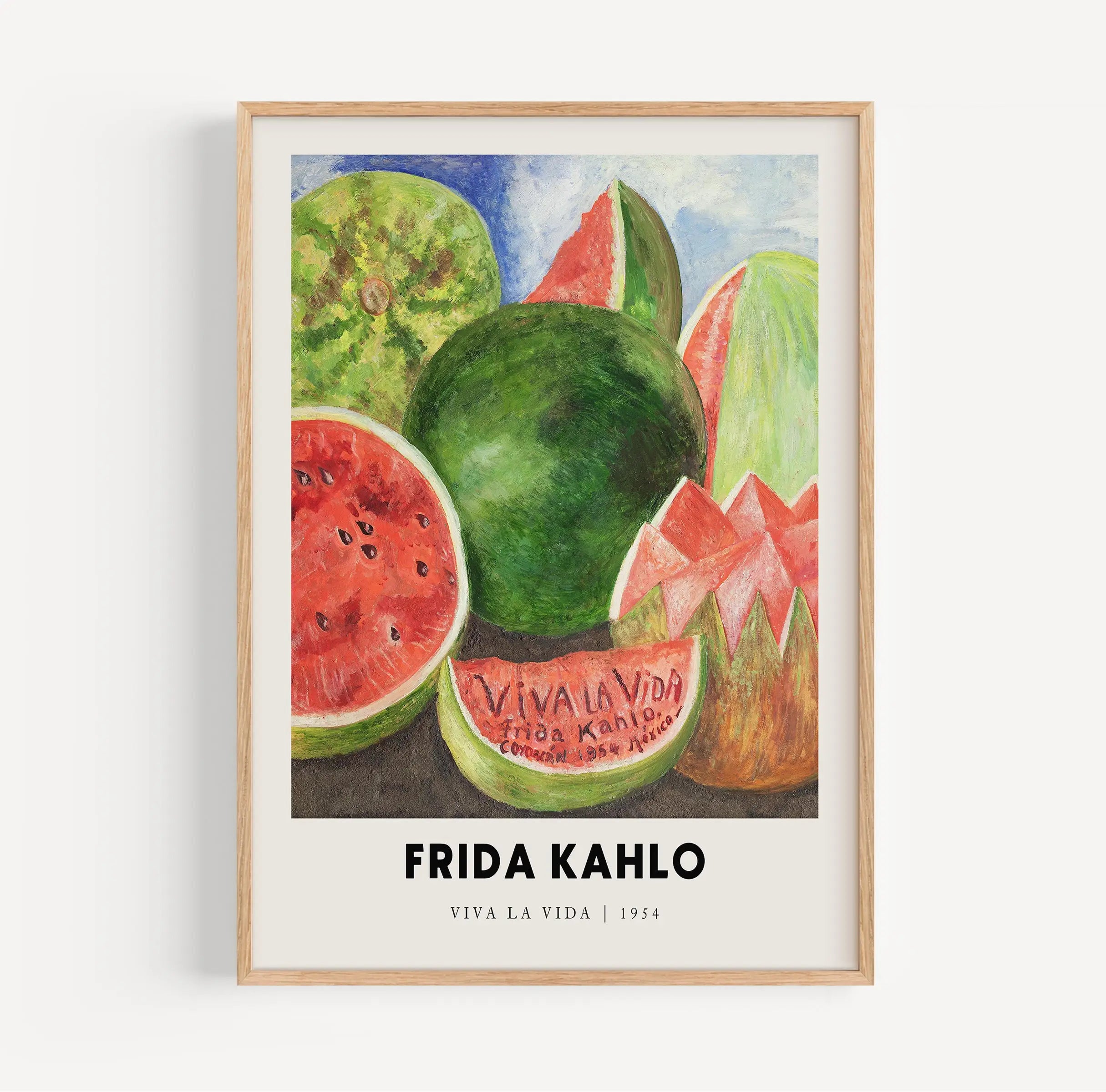 Frida Kahlo Watermeloen schilderij in lijst, weergegeven op Frida Kahlo Viva la Vida Poster