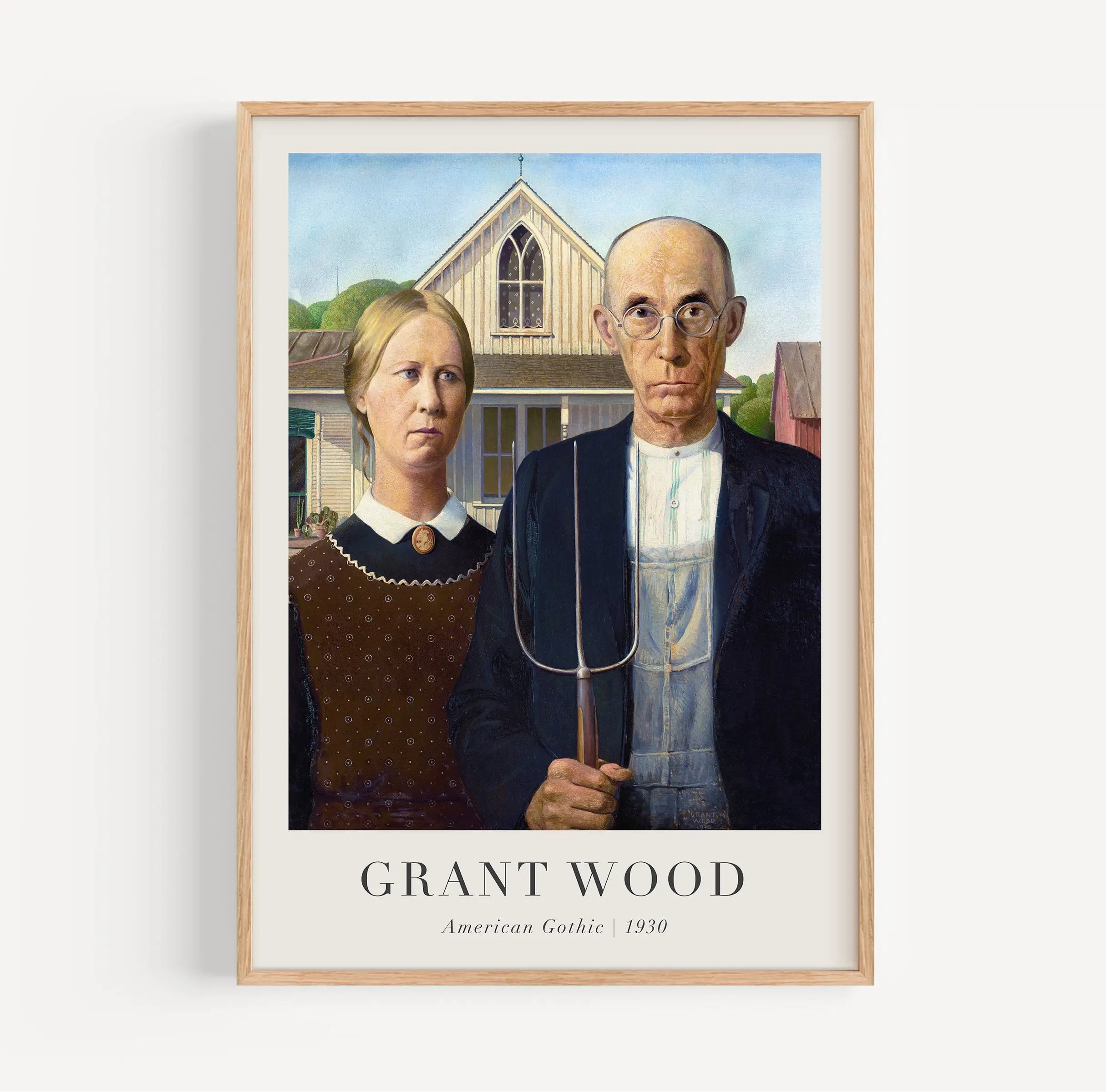 Gekaderde American Gothic poster van Grant Wood met schilderij op achtergrond