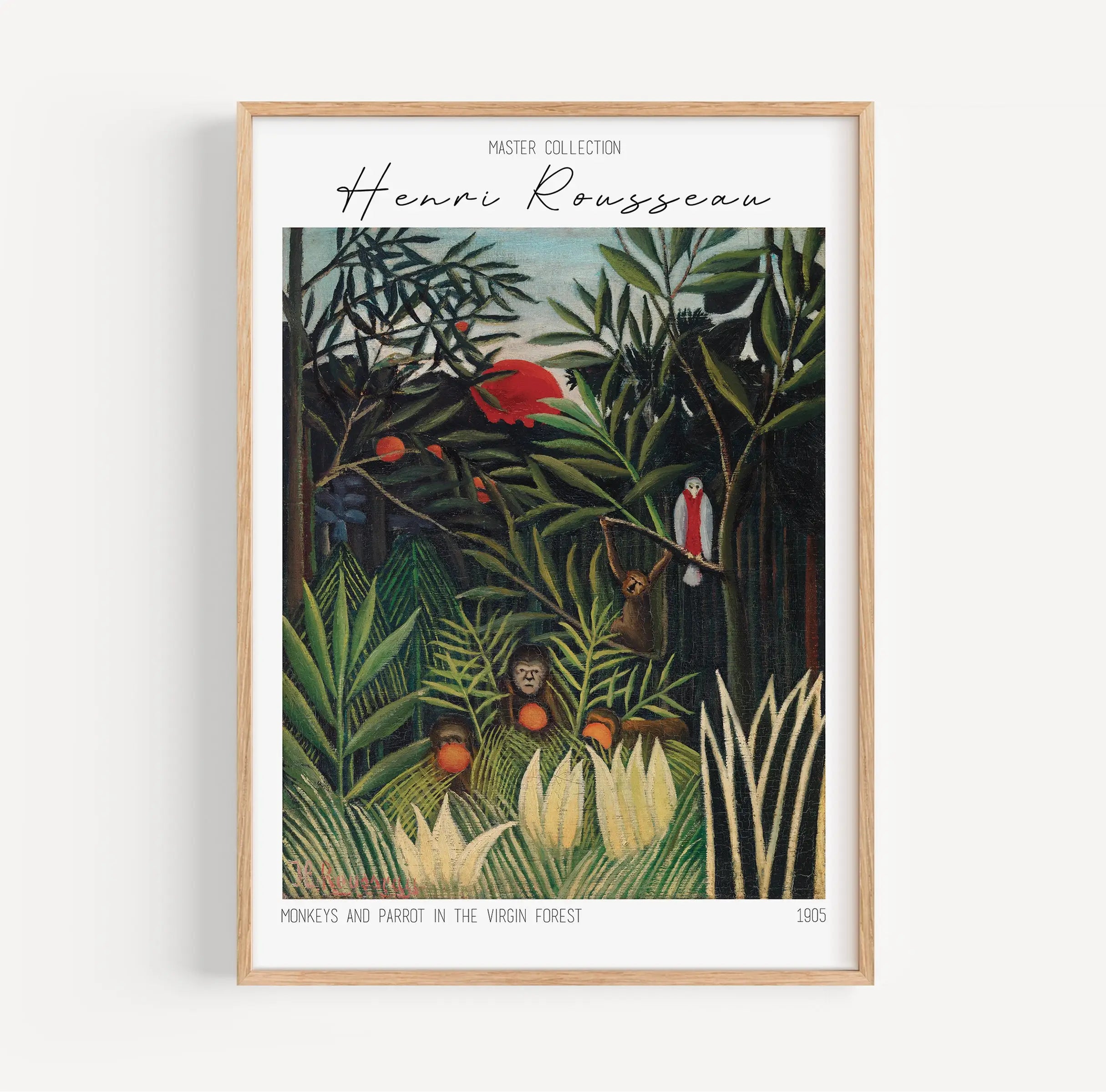 Framed jungle painting van Henri Rousseau met aape en papegaai poster
