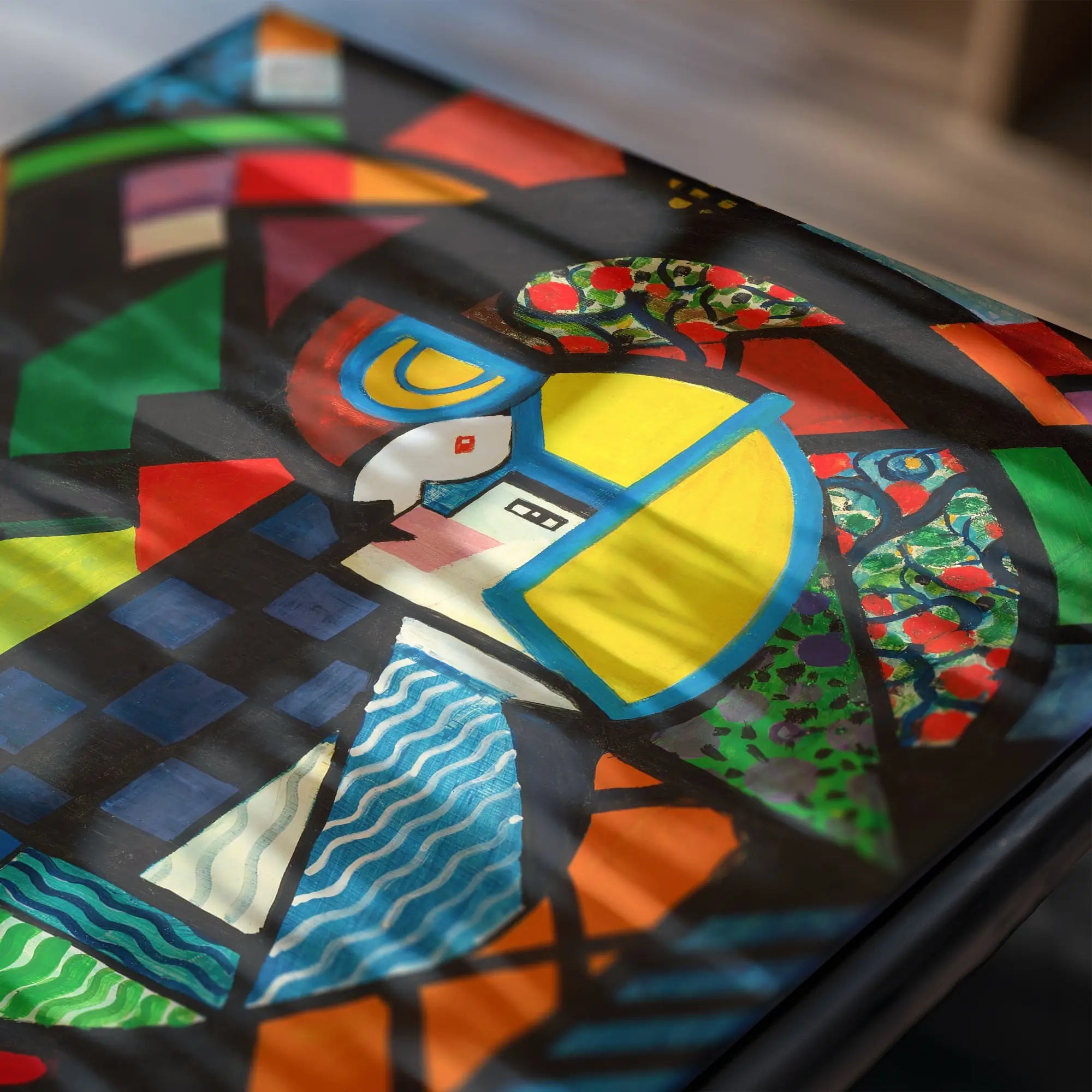 Kleurrijk abstract patronen box op de poster Henry Lyman Sayen Dochter in een Rocker