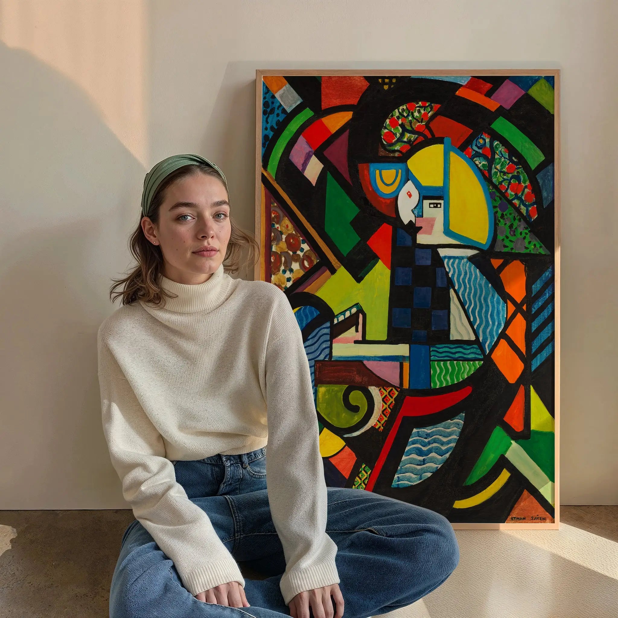 Kleurrijk abstract portretschilderij van Henry Lyman Sayen dochter in een ligstoel poster