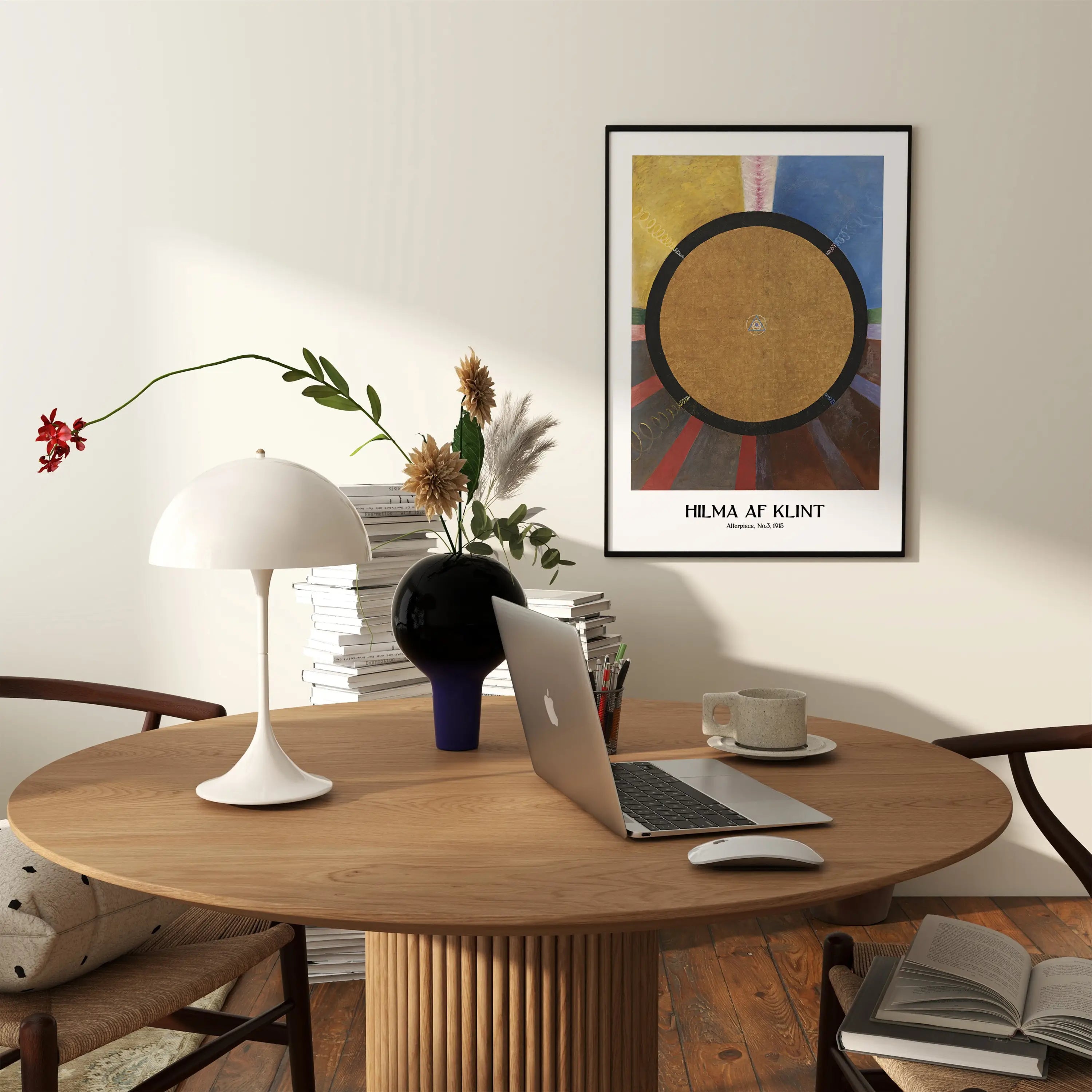 Ronde houten tafel met laptop en decor, passend bij Hilma af Klint Alterpiece No 3 Poster