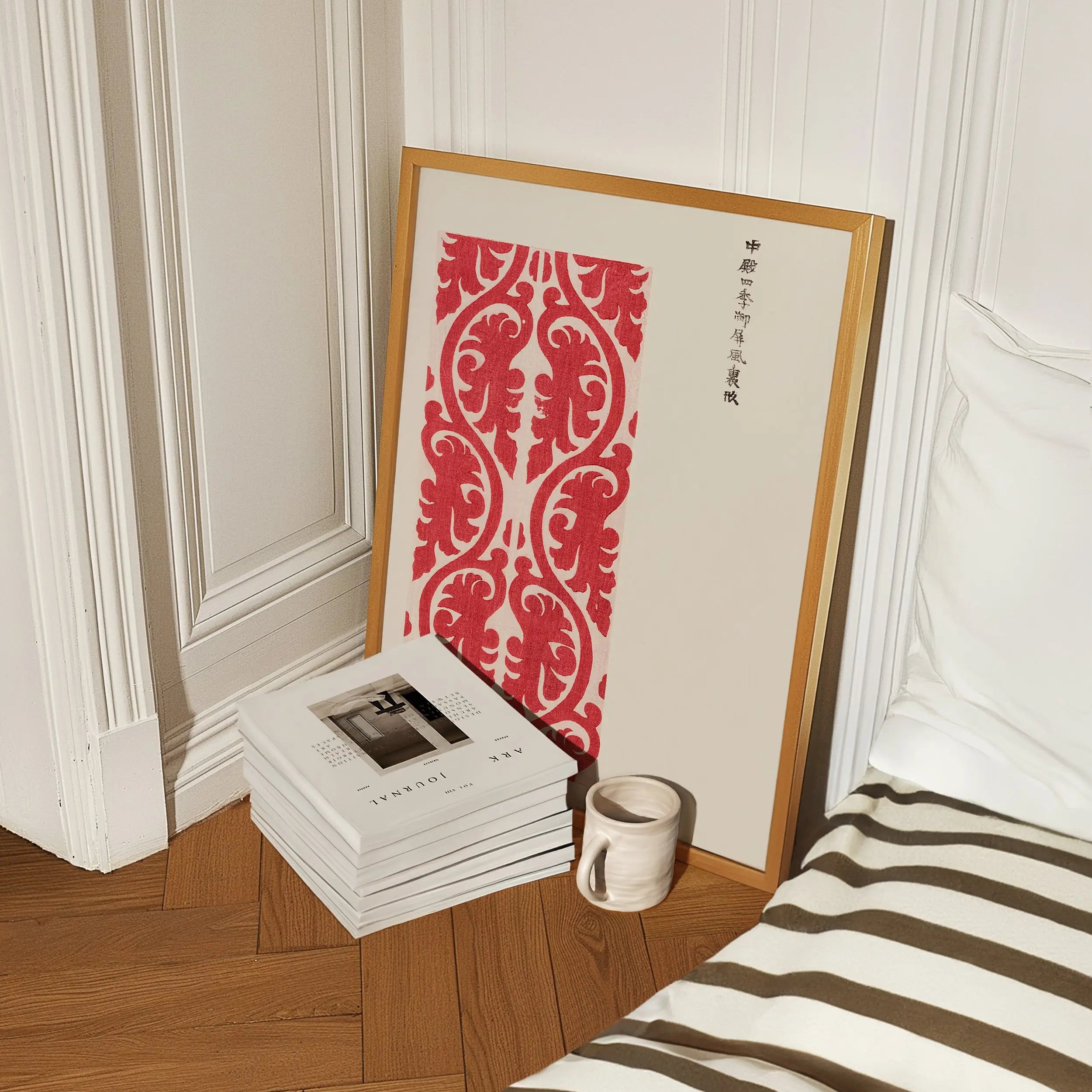 Geverfde Japanese houtblokprint poster met rood en beige patroon in lijst