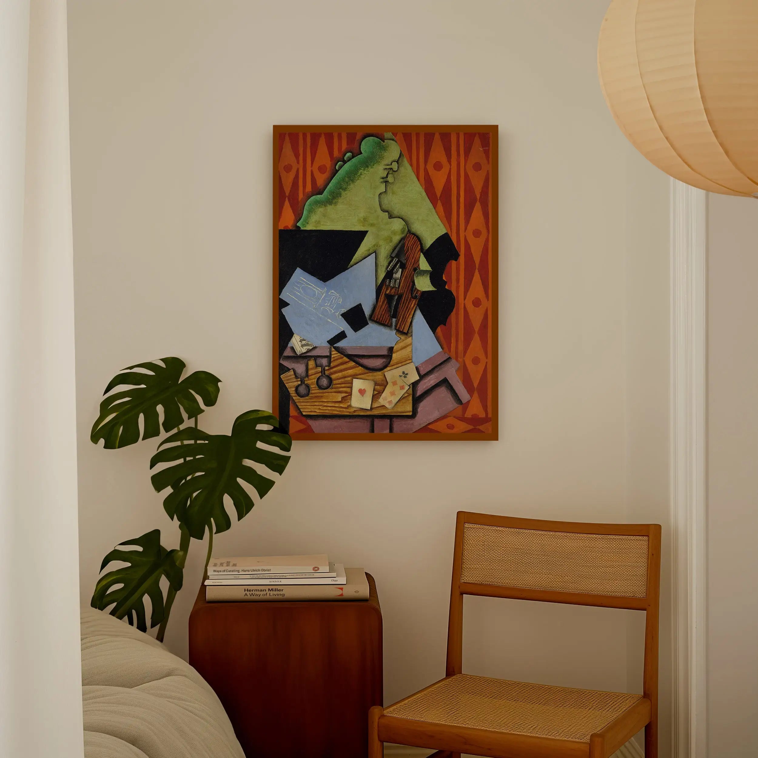 Cubistische stilleven schildering op de Juan Gris Viool en Speelkaarten poster