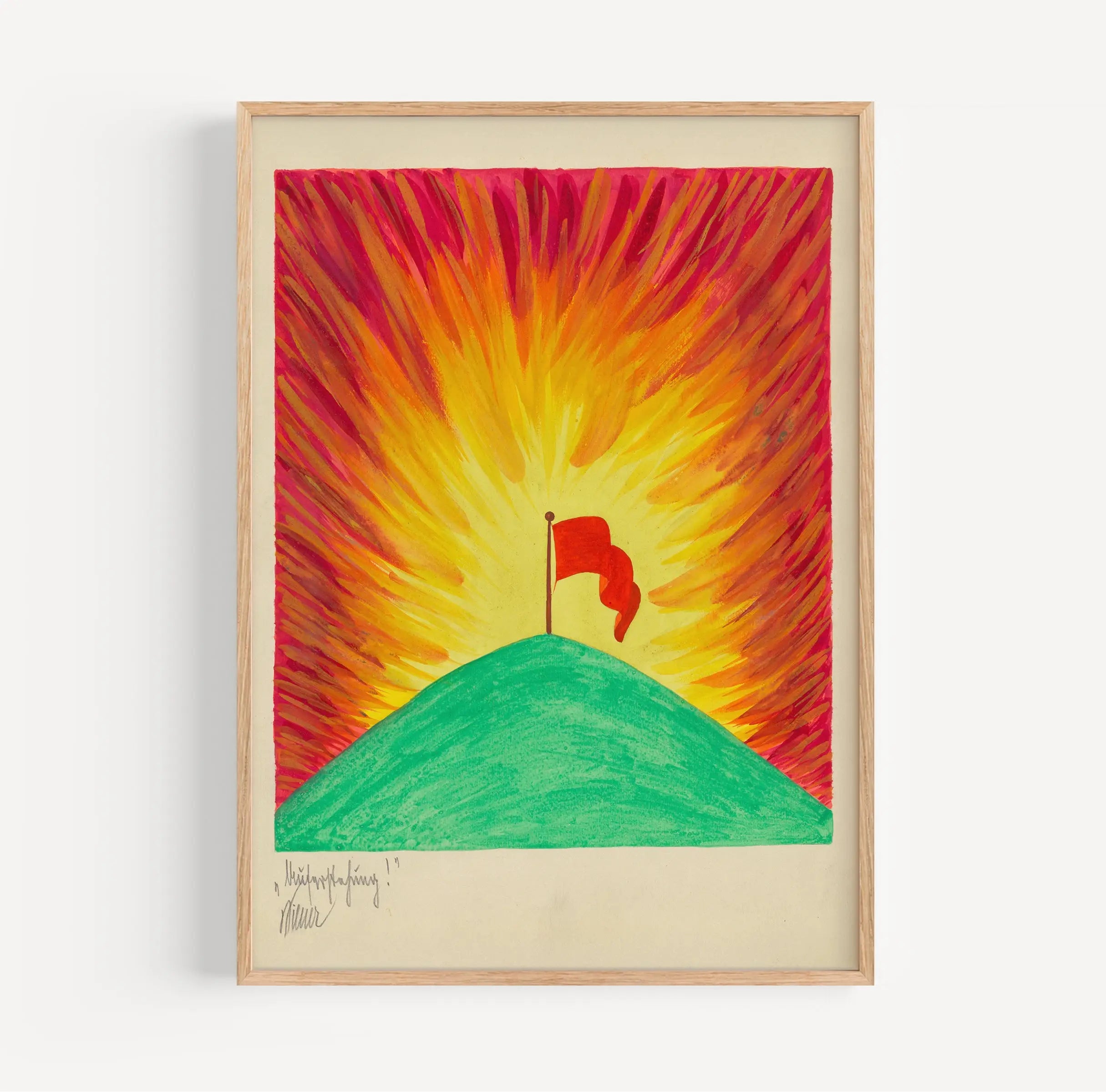Gekaderde schilderij van een rode vlag op een groene heuvel in de Karl Wiener Auferstehung Poster