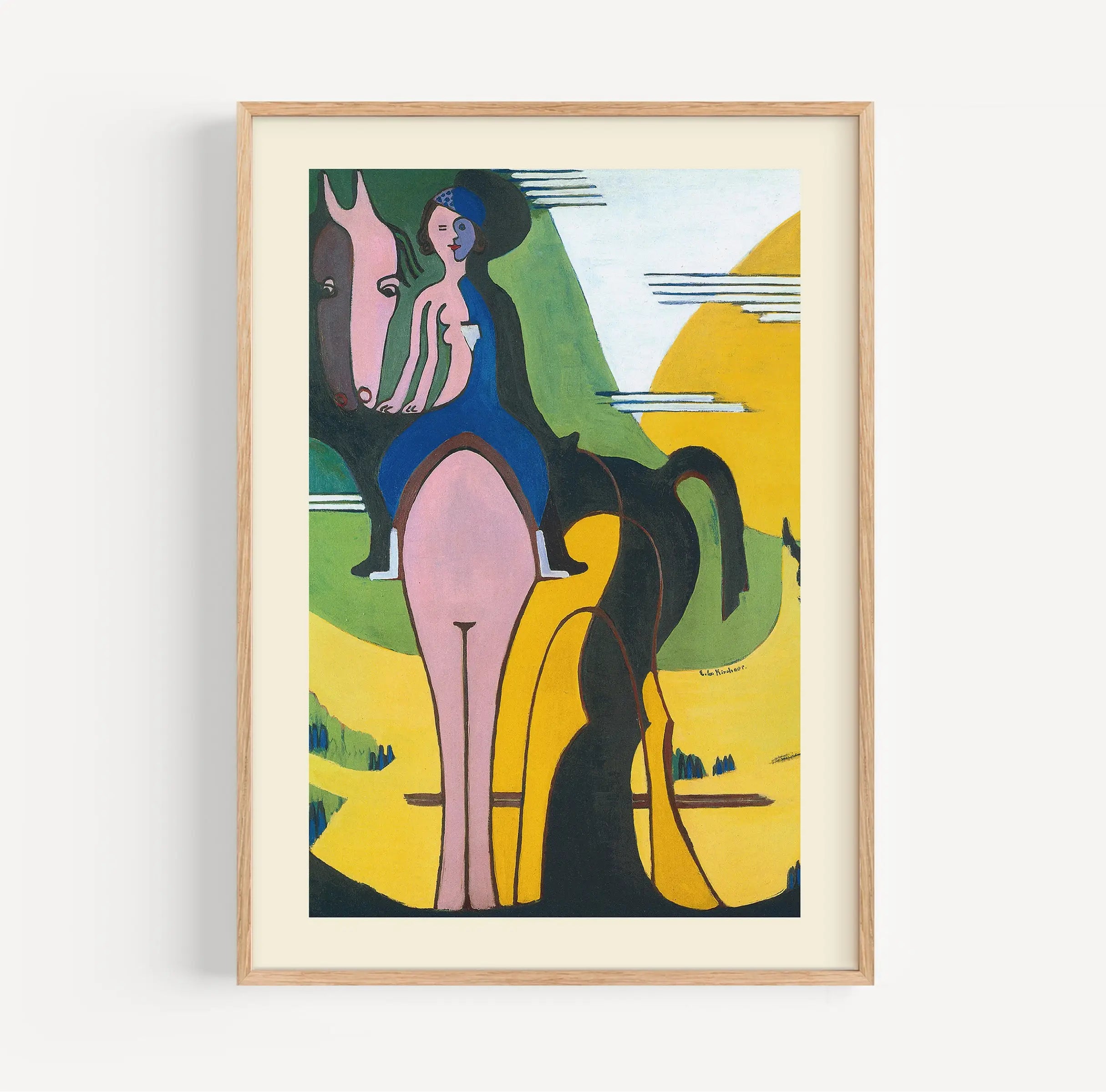 Framed expressionistische schildering van een naakte vrouw op een paard in Kirchner Ruiter in de Stad