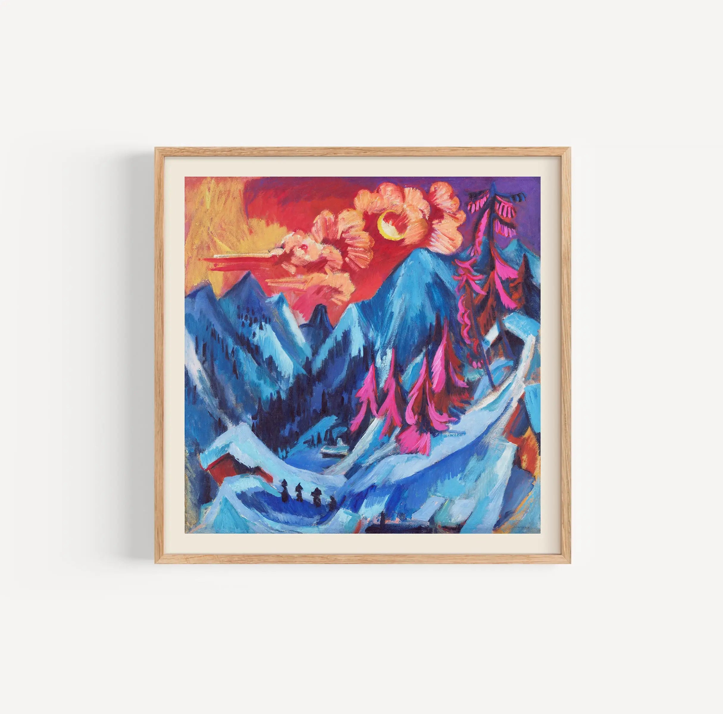 Geïnspireerd expressionistisch berglandschap poster met lijst voor Kirchner Winterlandschap in Maanlicht