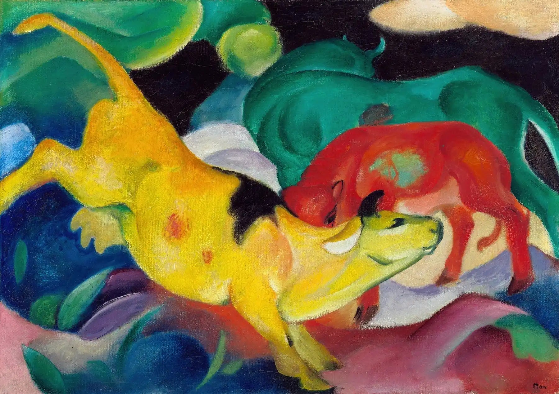 Kleurrijk expressionistisch schilderij van koeien.