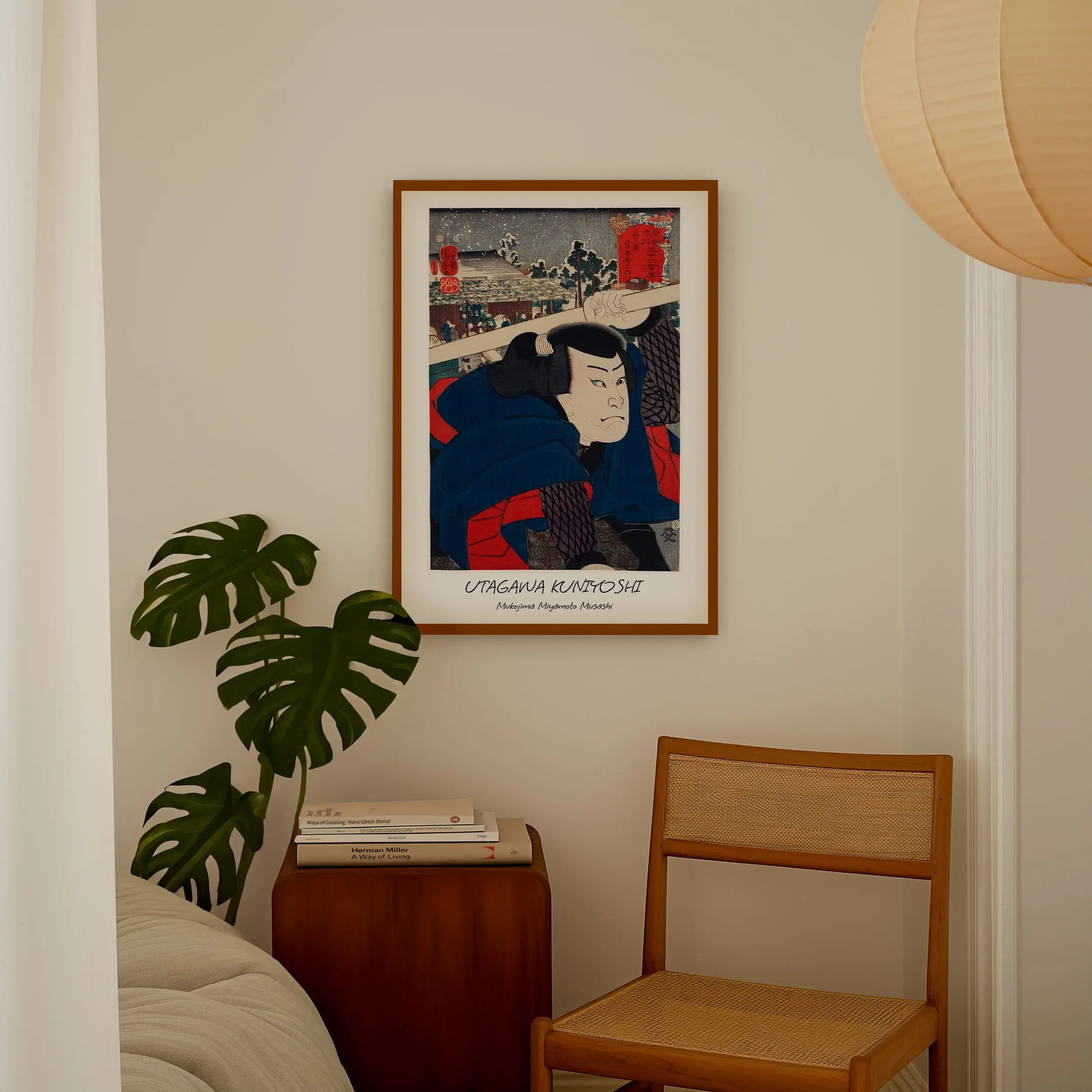 Gestileerde Japanse kunstprint van Kuniyoshi poster Miyamoto Musashi in lijst