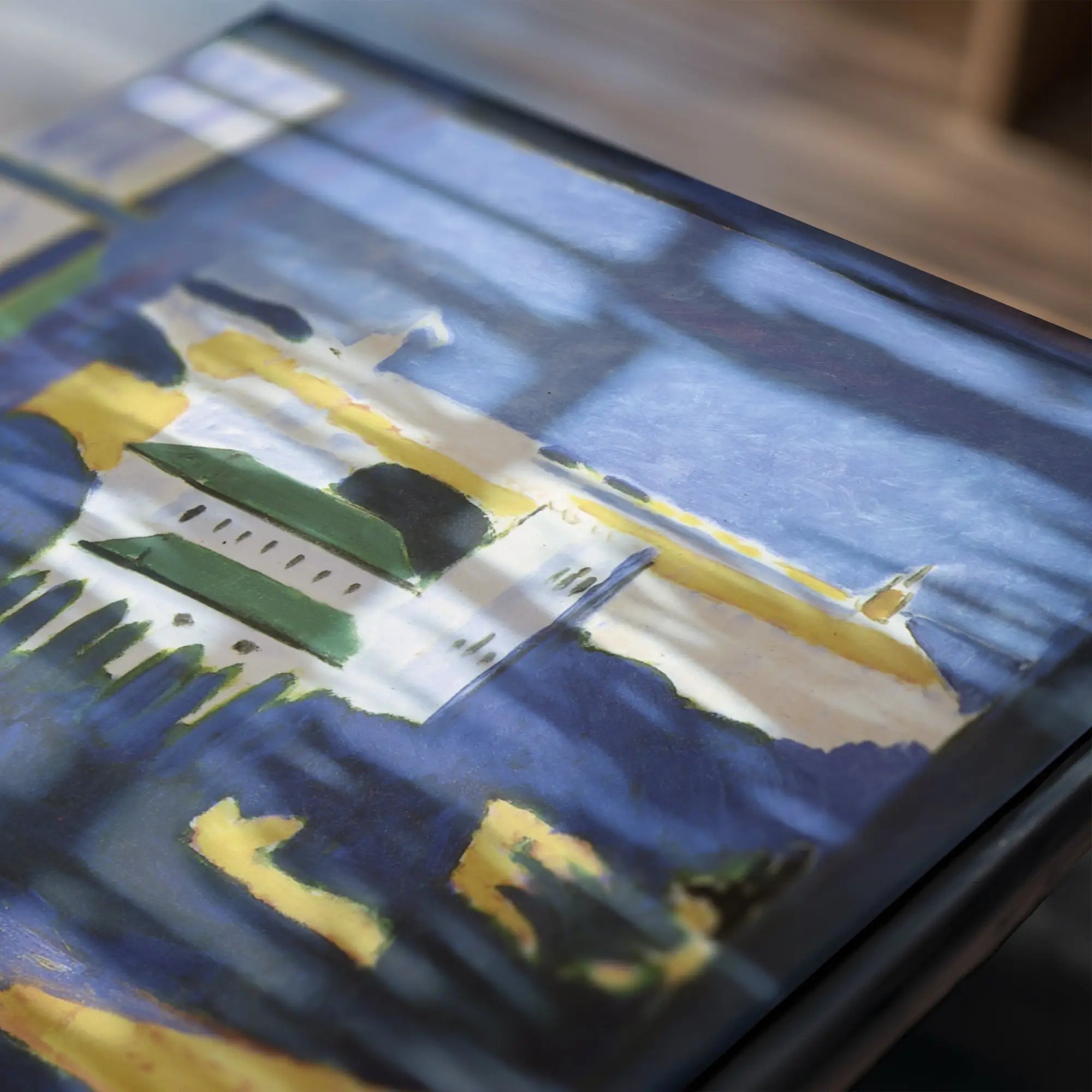 Abstract blauw en geel doosje op Matisse Window at Tangier Poster