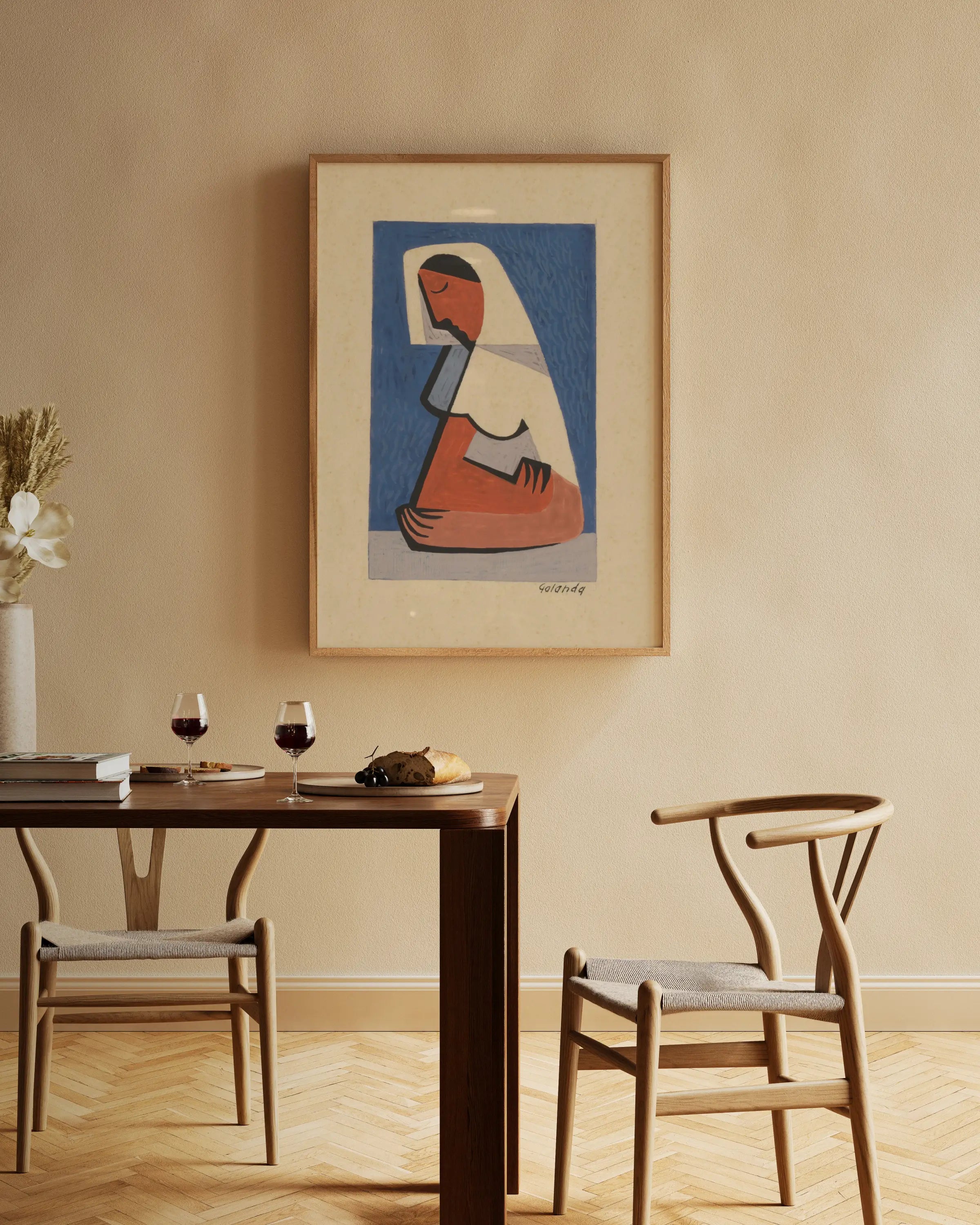 Geverfde abstracte poster van een zittend figuur door Mikuláš Galanda