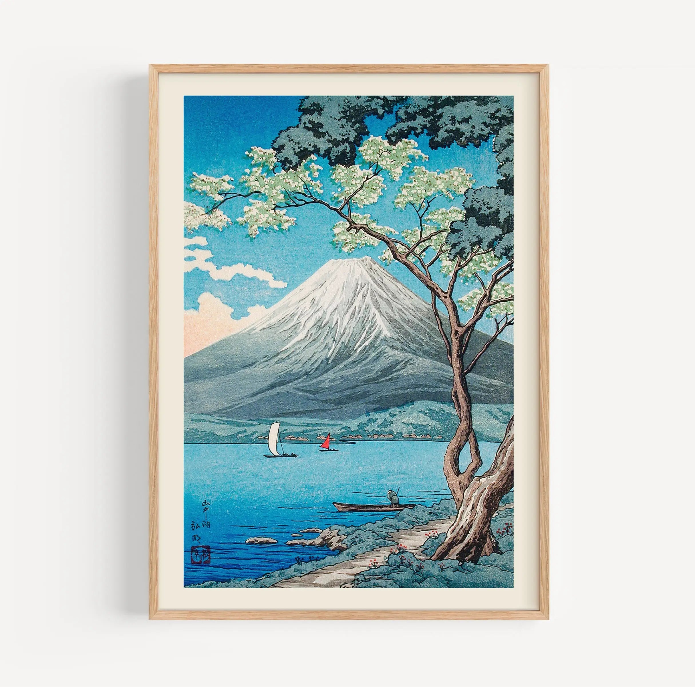 Geverfde Japanse landschapprint met Mount Fuji vanaf Lake Yamanaka