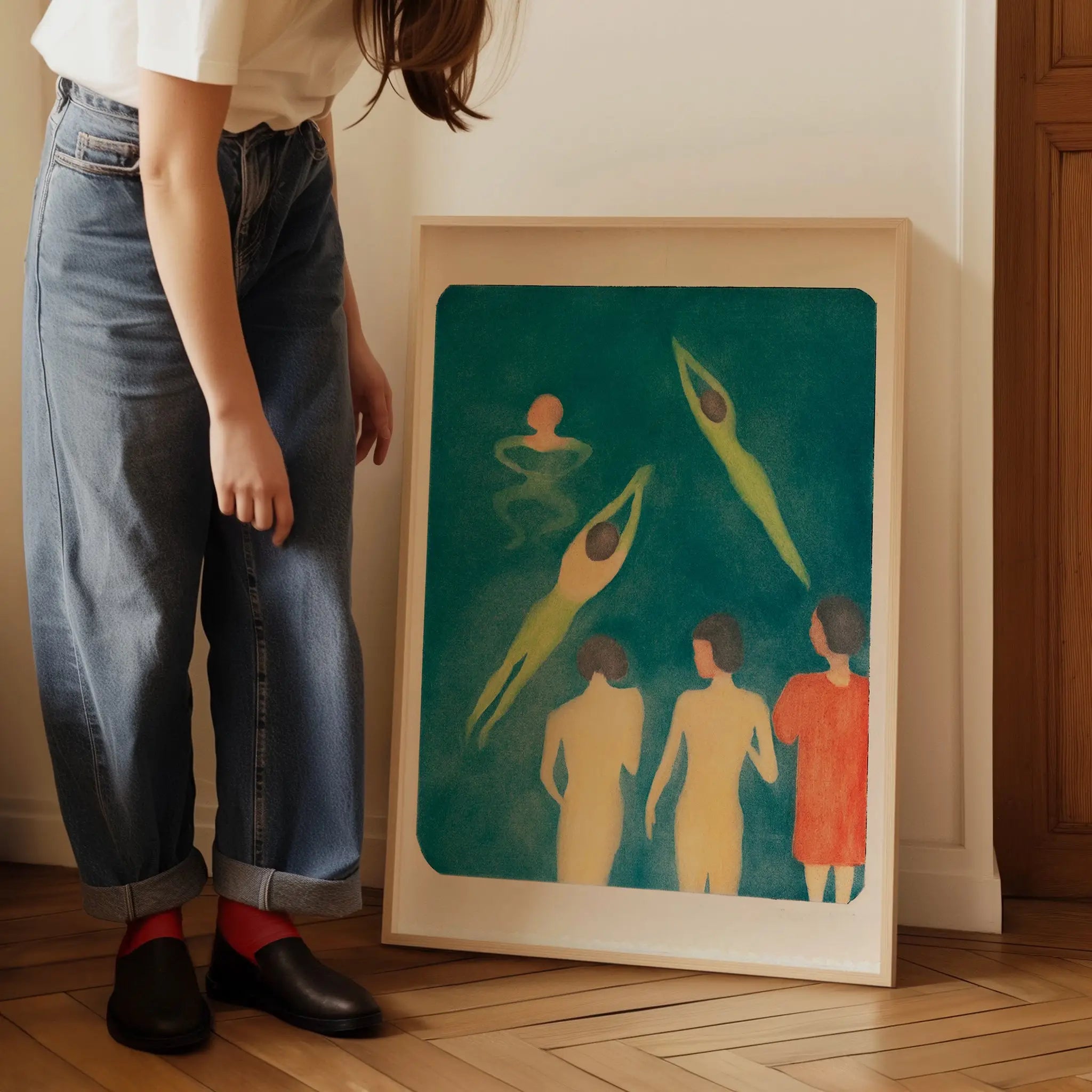 Gemonteerd zwemkunstwerk poster met badende jongens in lijst voor muurdecoratie