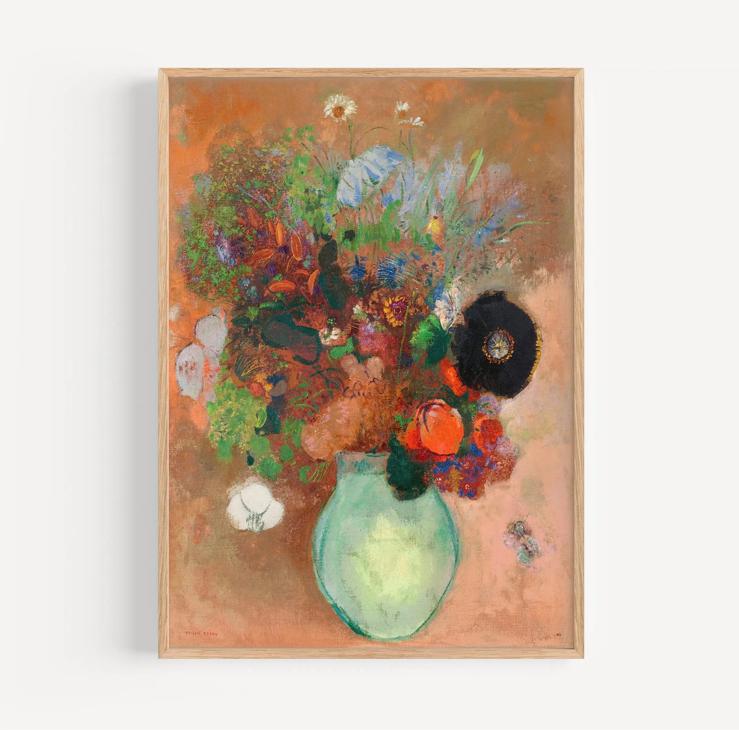 Florale still life schilderij in houten lijst voor Odilon Redon Le Pavot Noir Poster