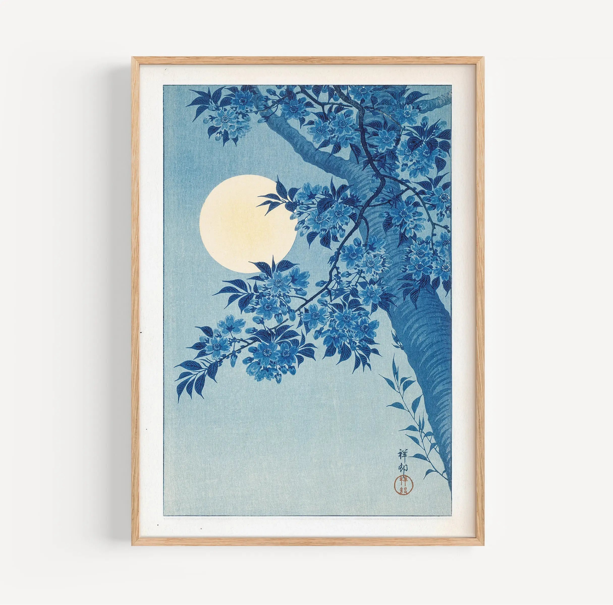 Geverfde blauwe bloemen maanlicht kunstposter in lijst voor muurdecoratie