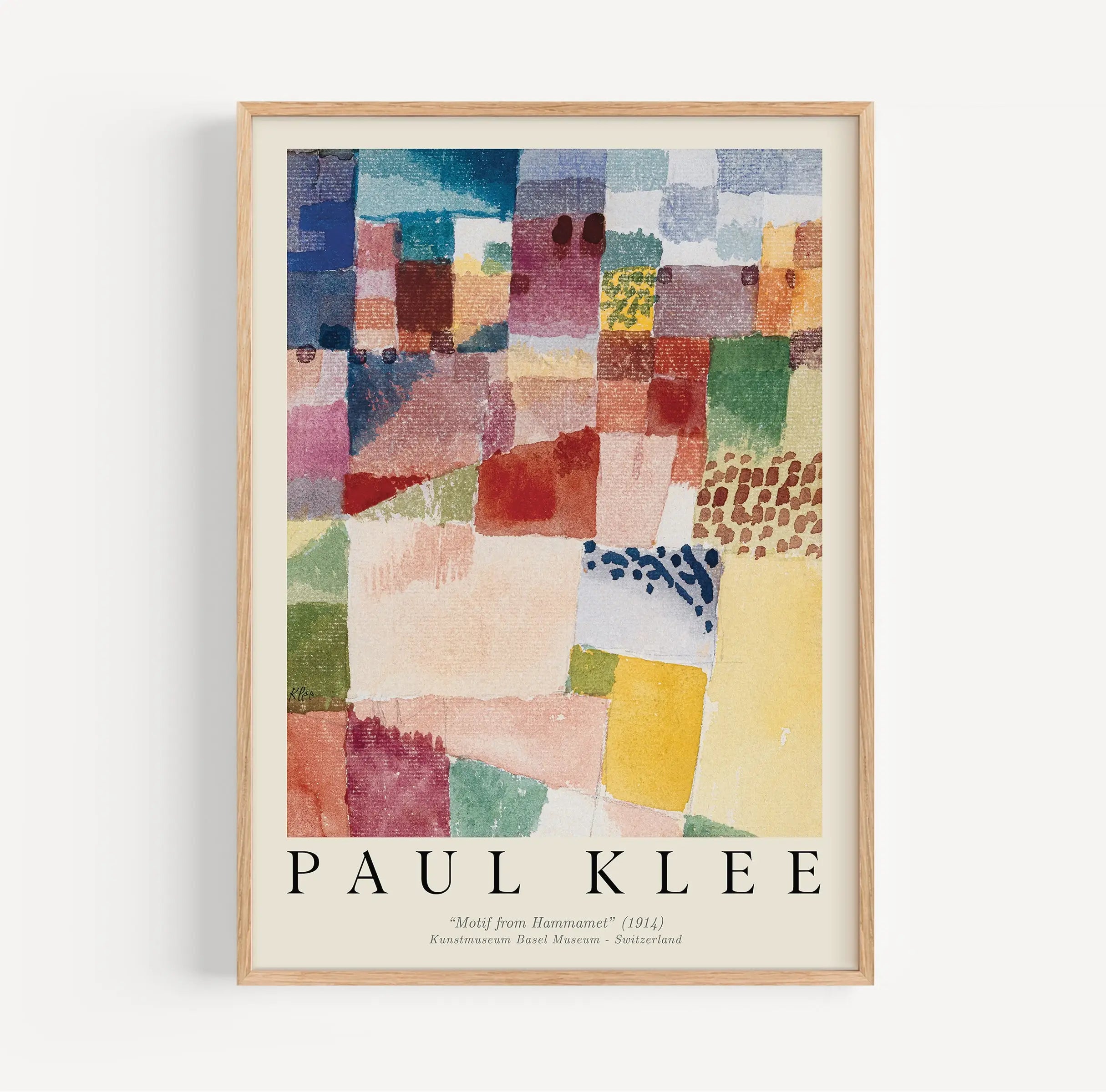 Gepresenteerde Paul Klee abstract kunstafdruk in frame voor de Paul Klee Motief van Hammamet poster