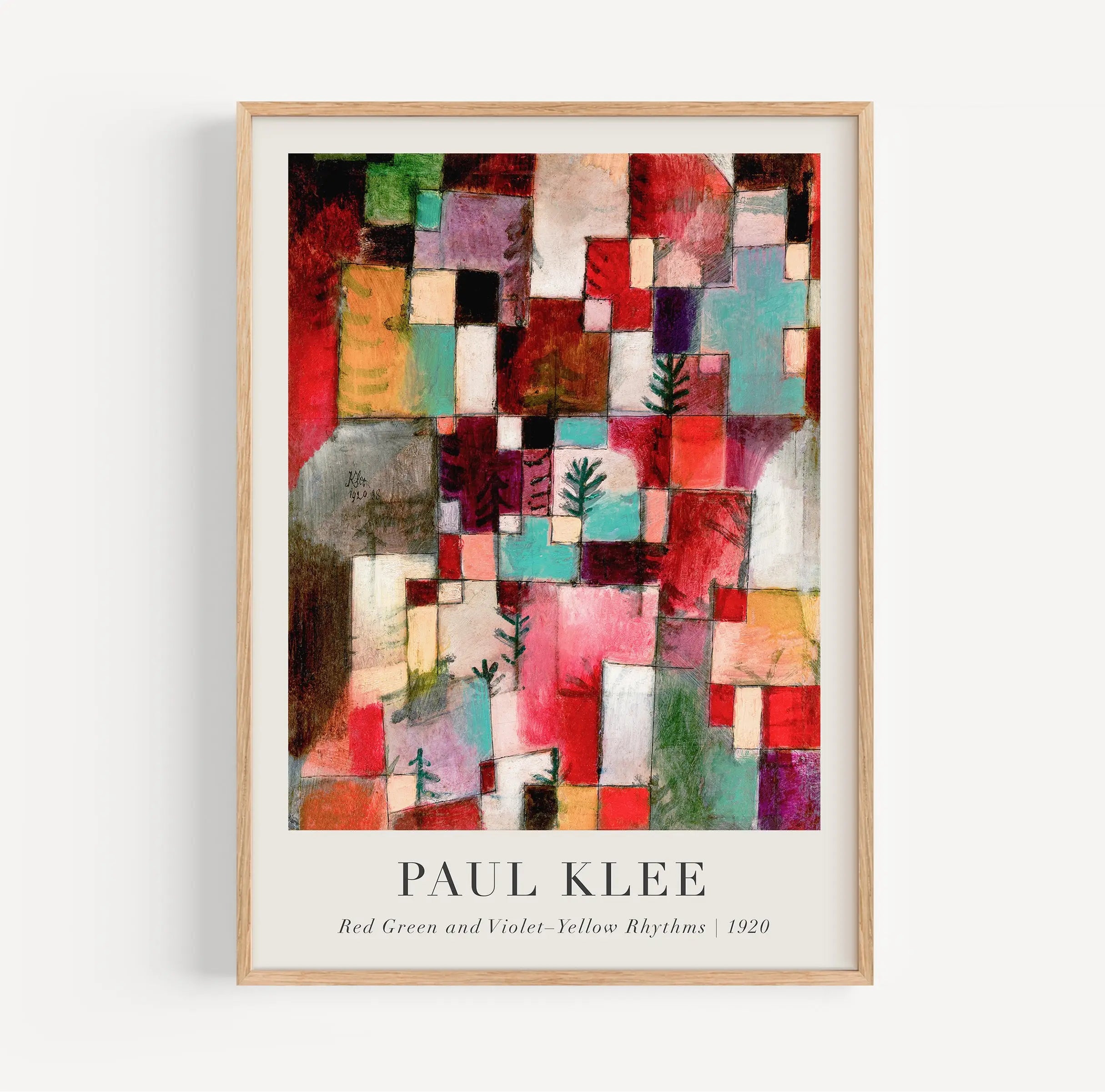 Framed abstract kunstprint van Paul Klee met rood, groen, violet en geel kleuren