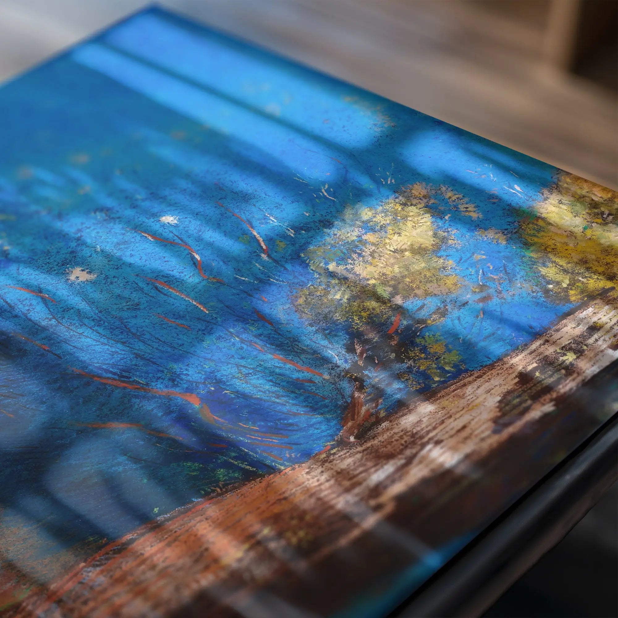 Abstracte blauwe en bruine kunsttable in product Redons La mort de Bouddha Poster