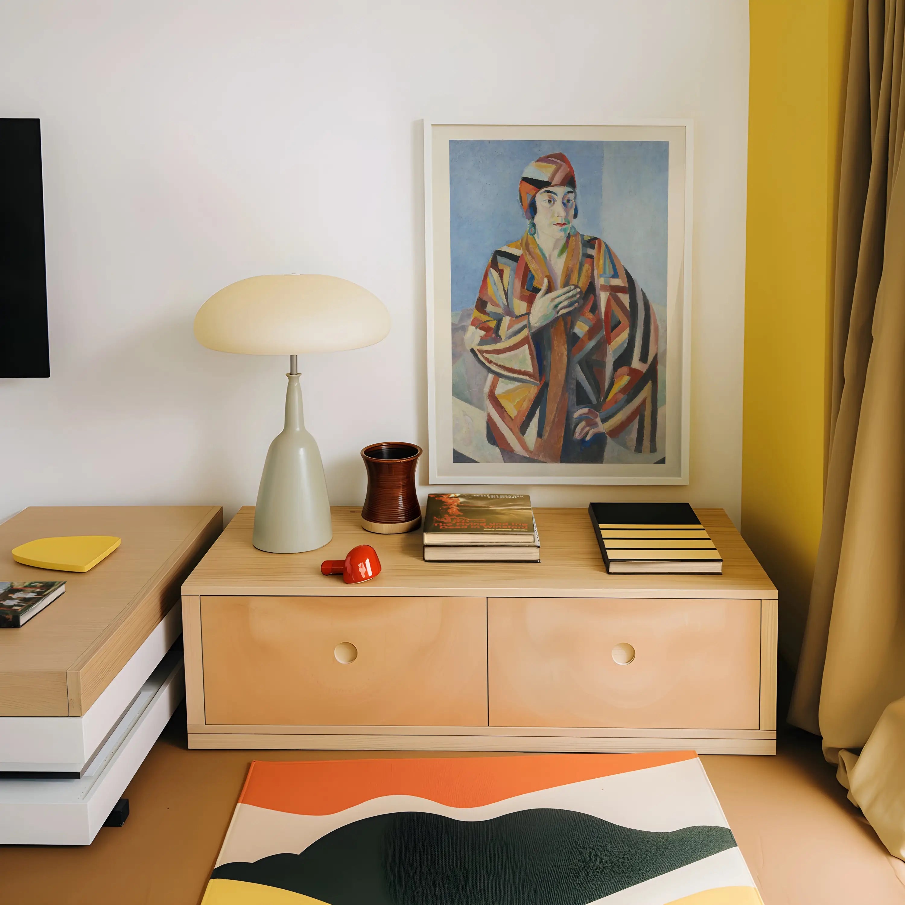 Houten twee laden kast naast Robert Delaunay Portrait De Madame Mandel poster