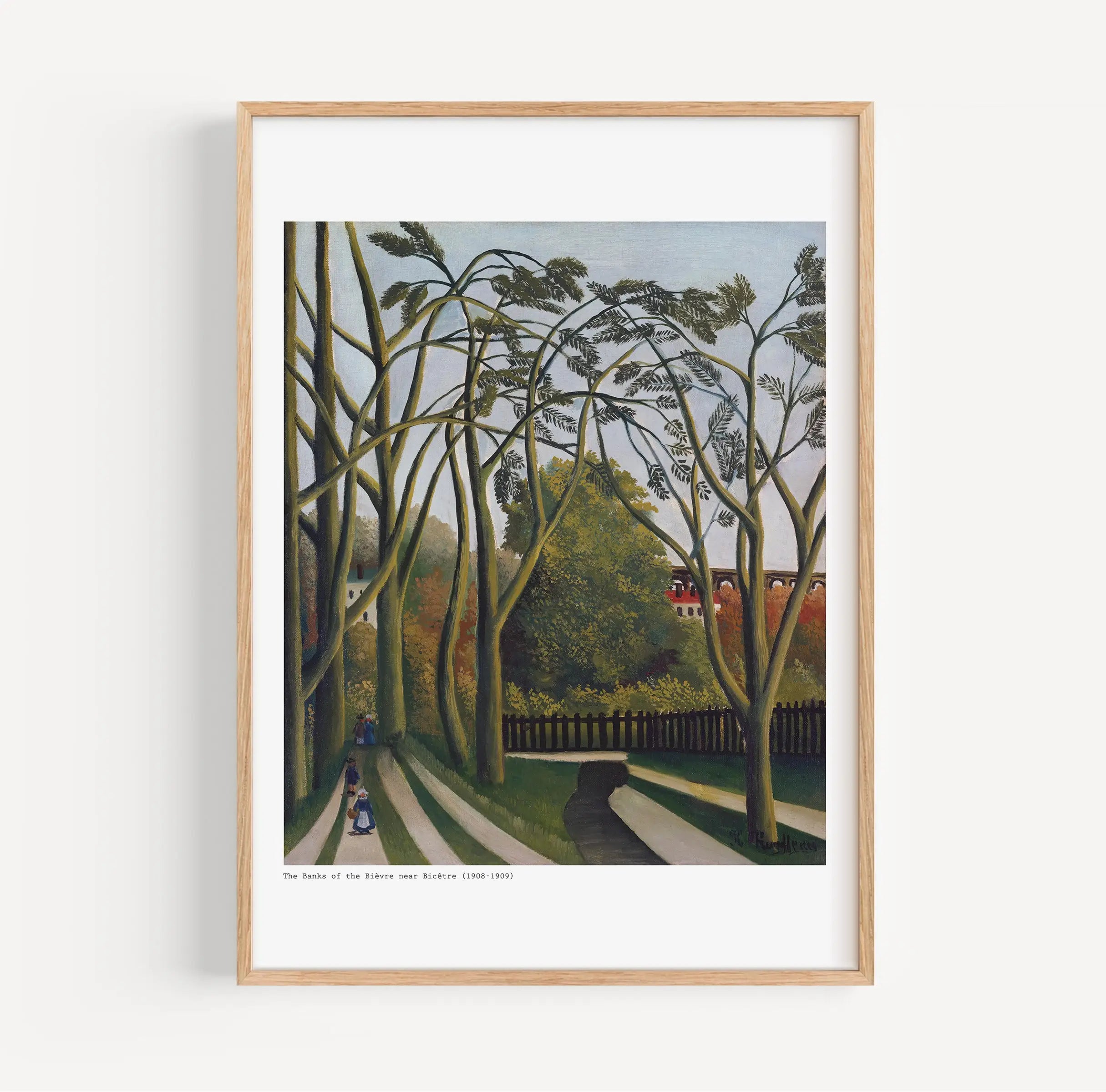 Geframte schildering van een met bomen omzoomde wandelpad voor Rousseaus Banken van de Bièvre Poster