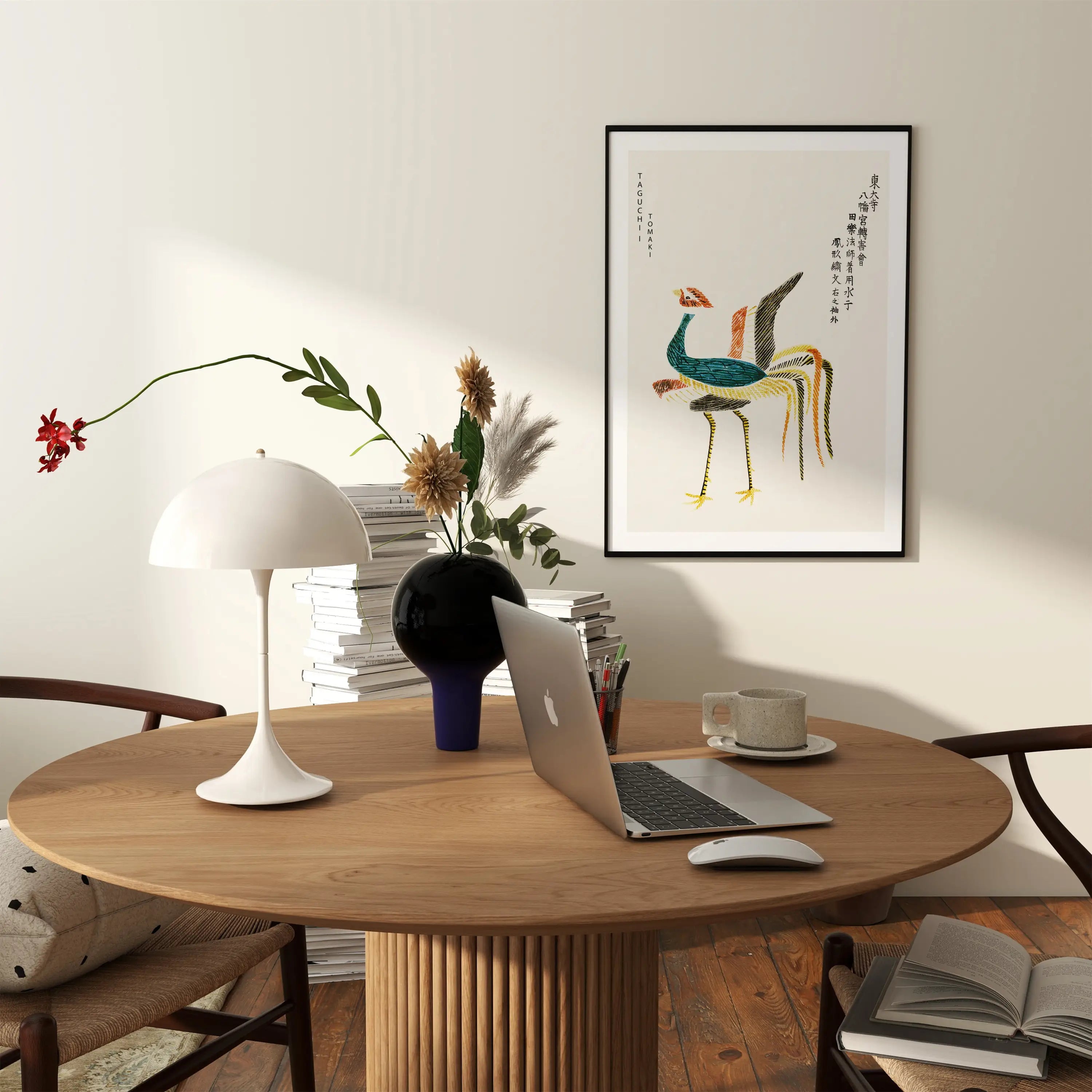 Gemonteerd vogelkunst in lijst uit de Taguchi Tomoki Poster collectie