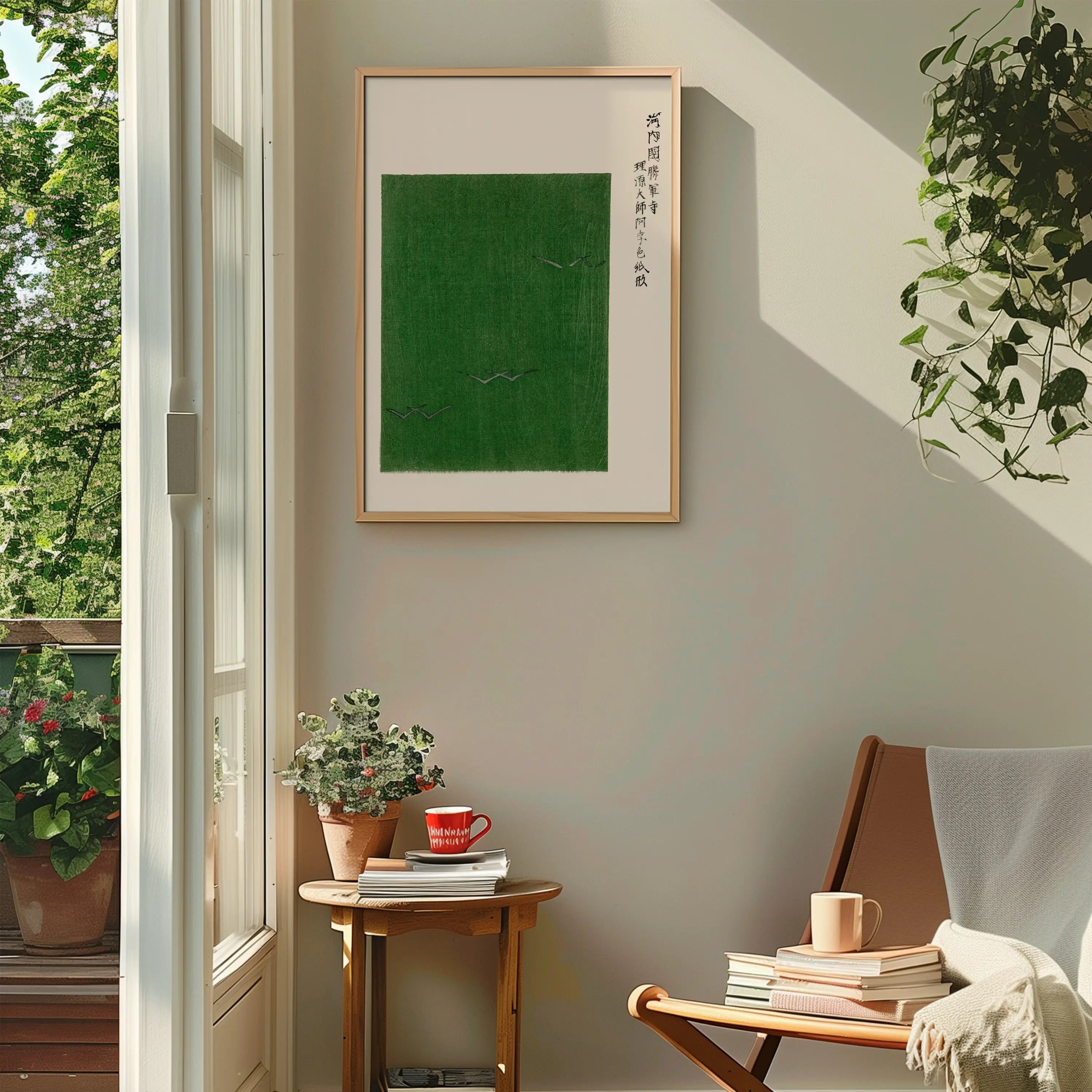 Ingekaderde groene kunstwerk weergegeven op Taguchi Tomoki Yatsuo no Tsubaki Poster