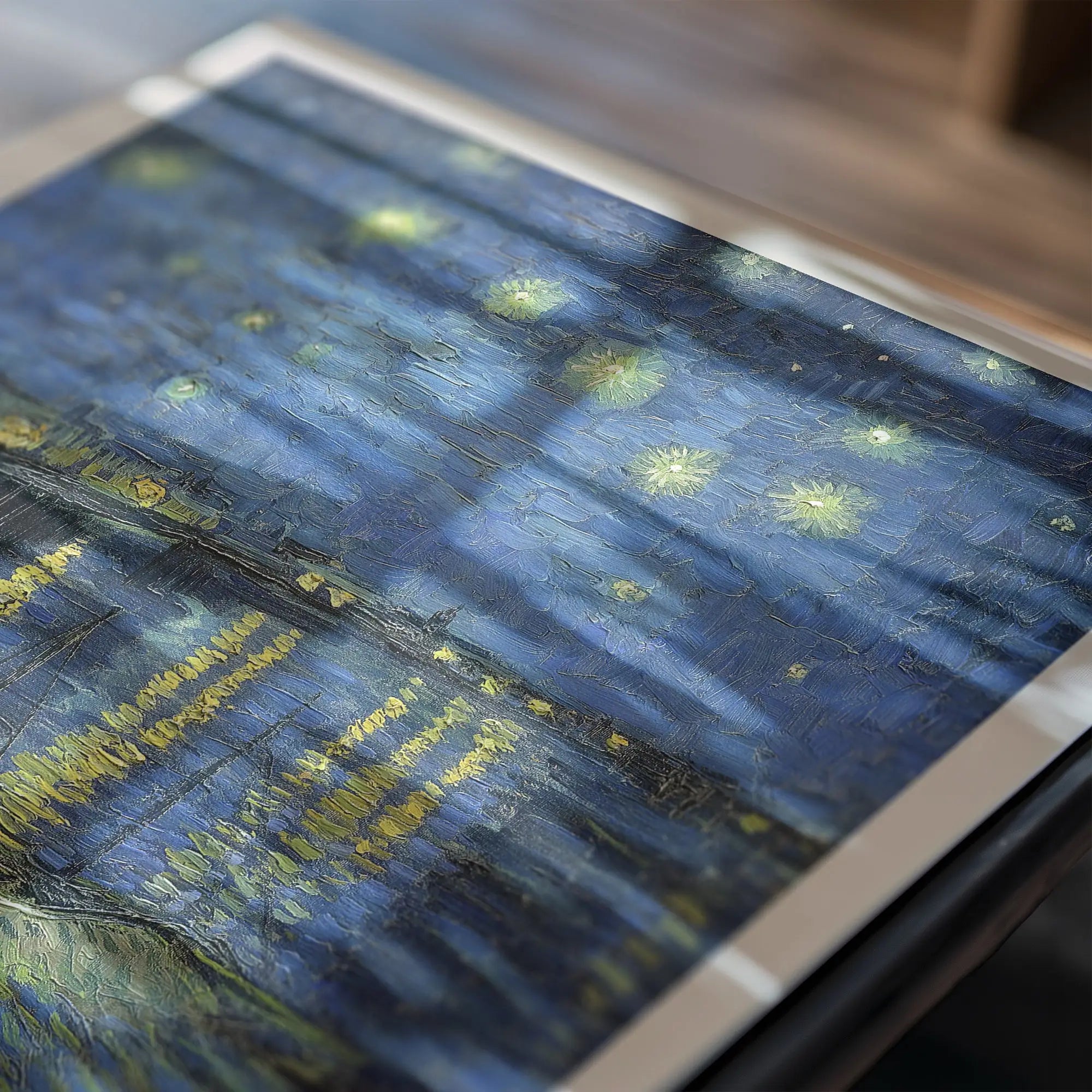 Tekstured blauw en geel schilderij voor Van Goghs Sterrennacht poster