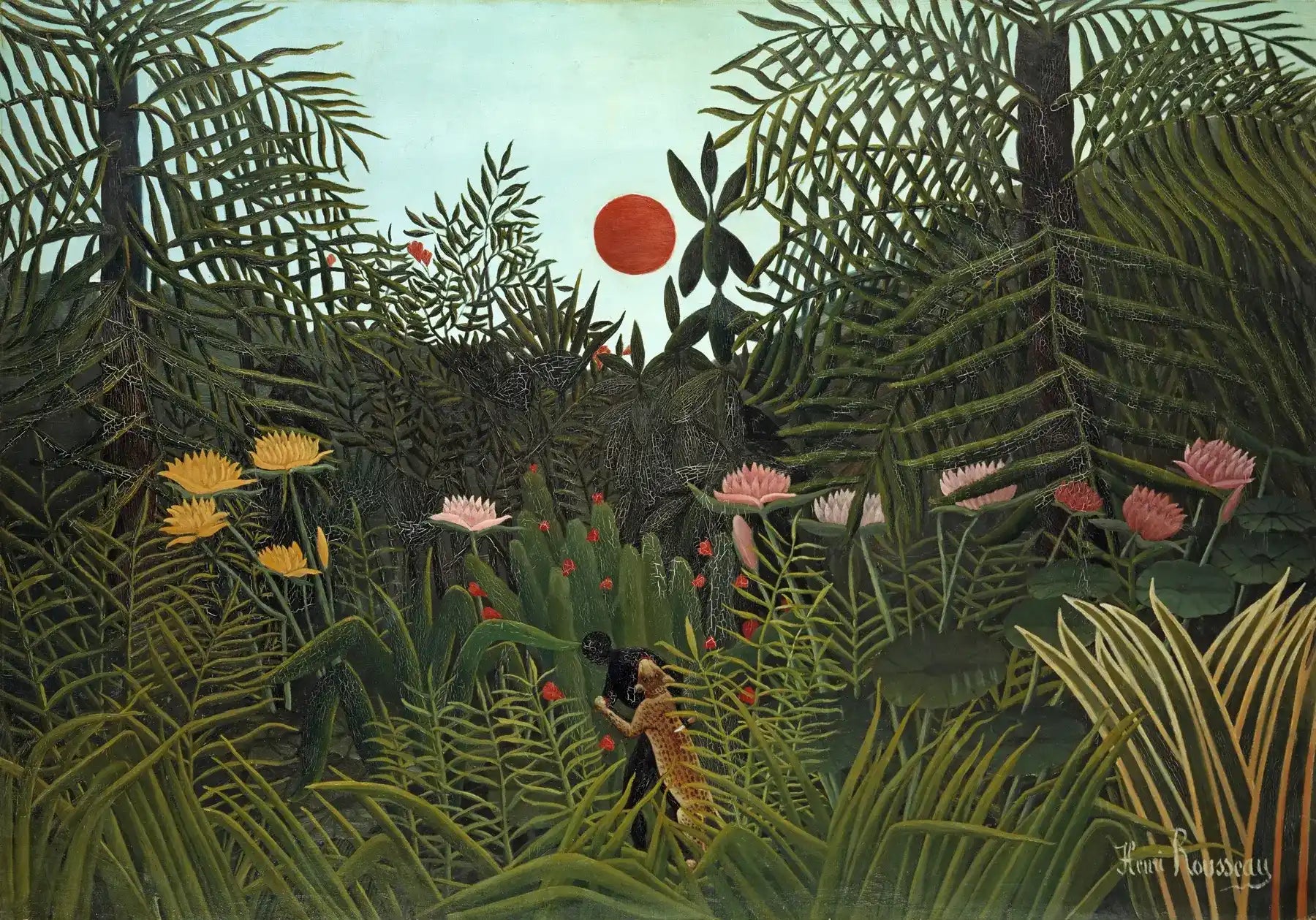 Weelderig jungletoneel met omarmende dieren.
